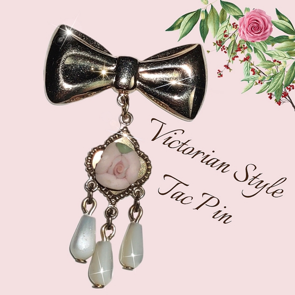 Gold Bow w/ Dangling Porcelain Flower Pin